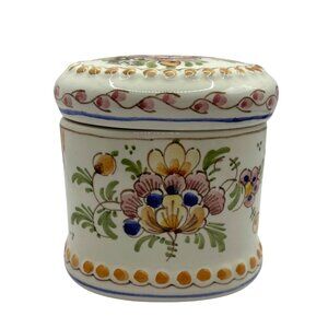 Vintage DP Delft Oval Hand-painted Floral Trinket Box Jar Lid Multicolor Signed